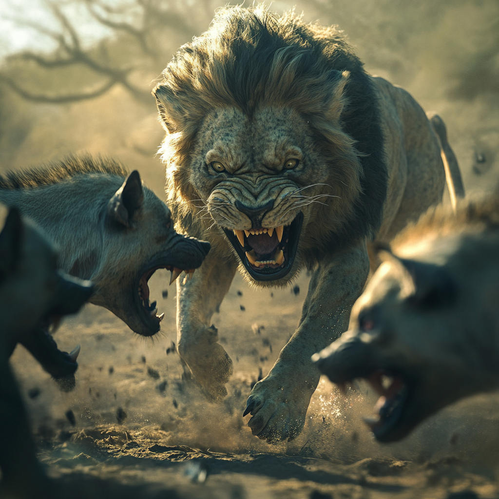 A lion fights three hyenas in hyper realistic 8k.