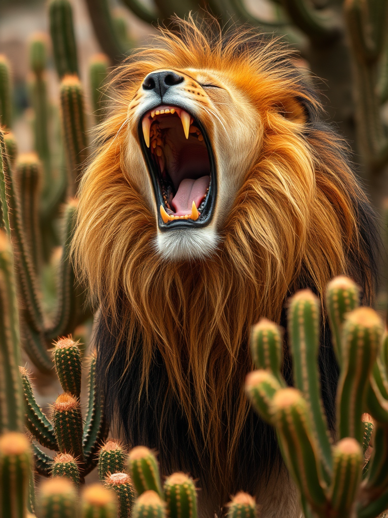 A lion with long hair in a cactus garden.