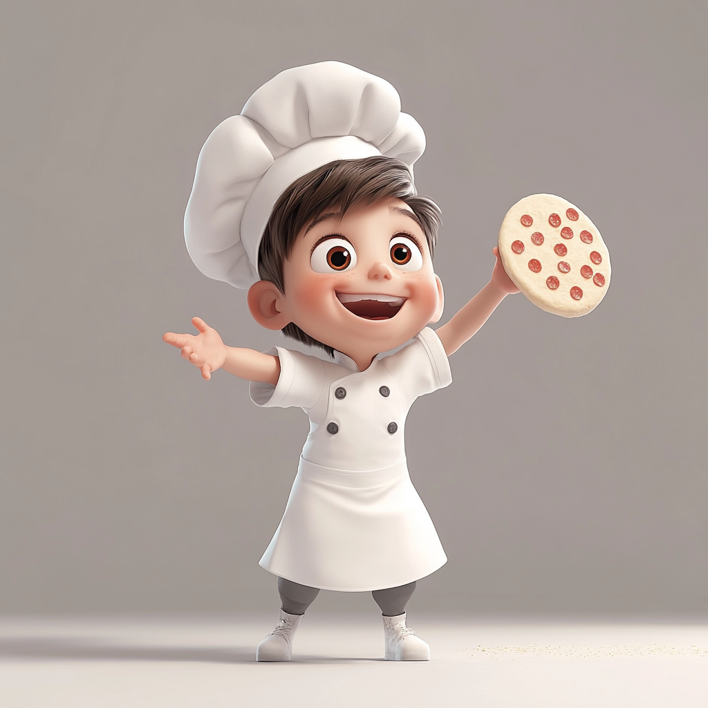 A little boy in chef hat tossing pizza dough.