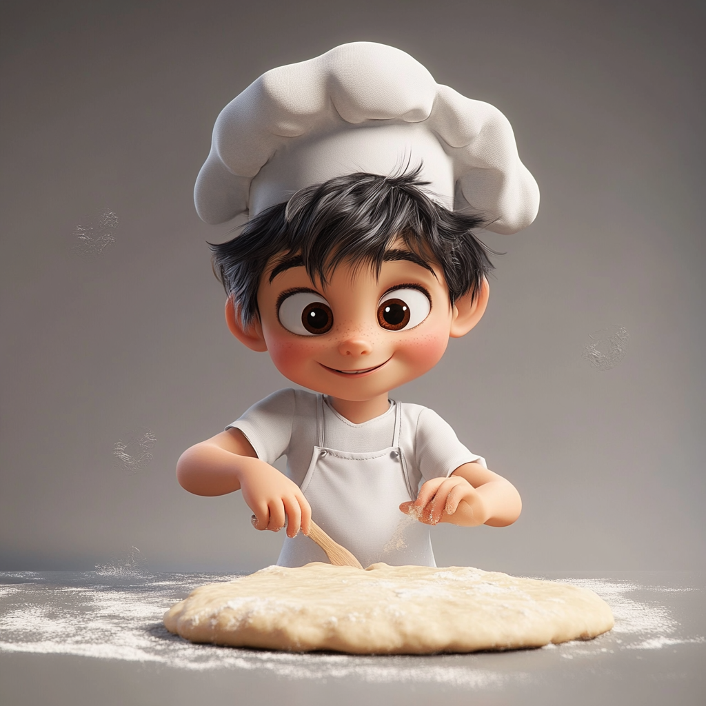 A little boy making pizza in 3D cartoon.