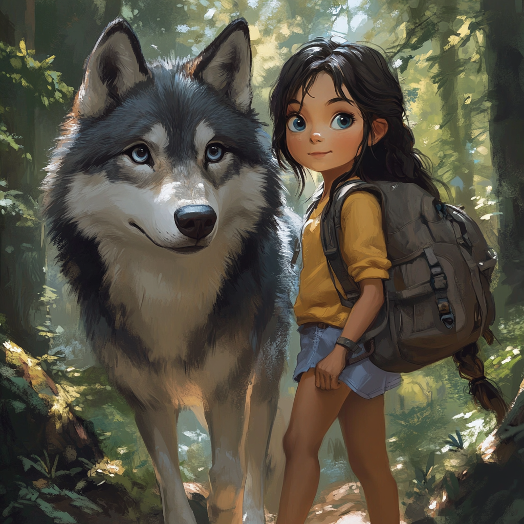 A little girl hiking in forest with wise wolf.