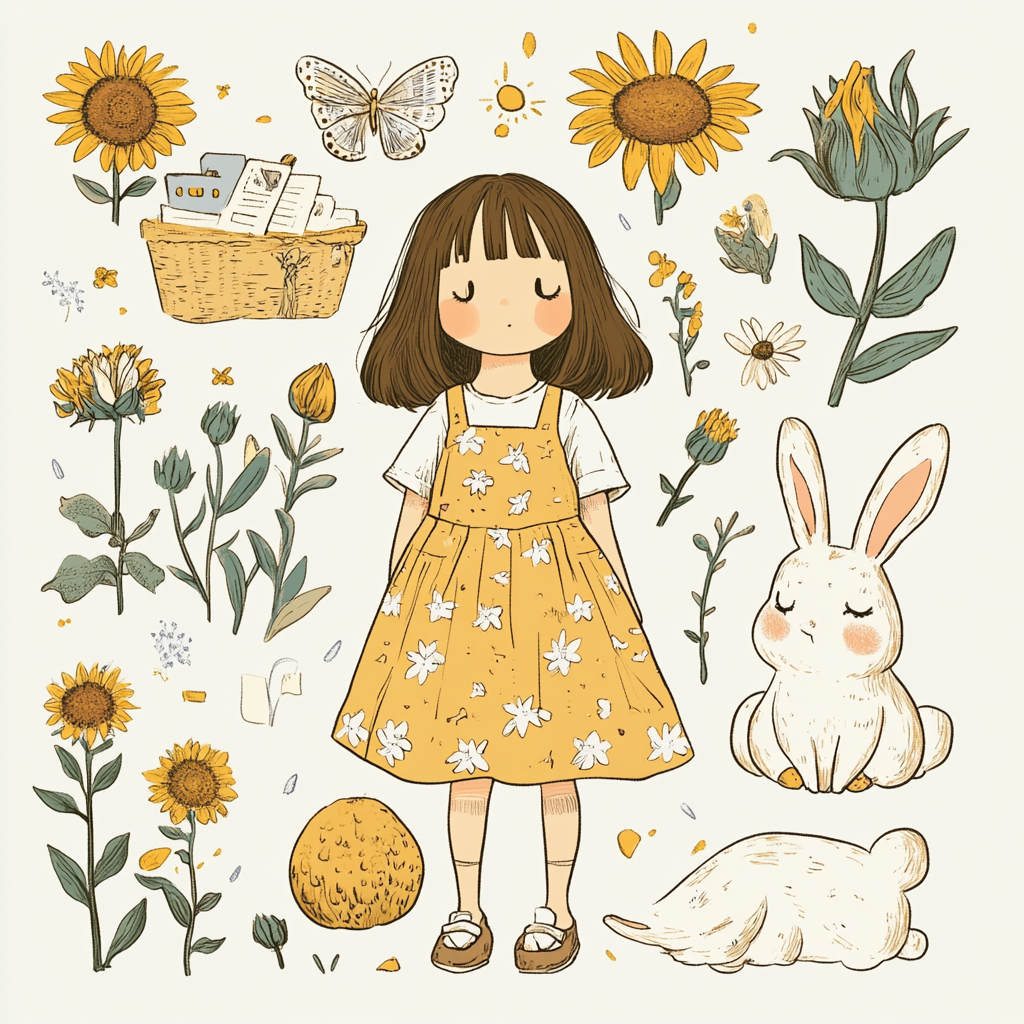 A little girl in a cute sundress, with sunflowers and stickers, in Peter Rabbit style, in a Japanese comic design.