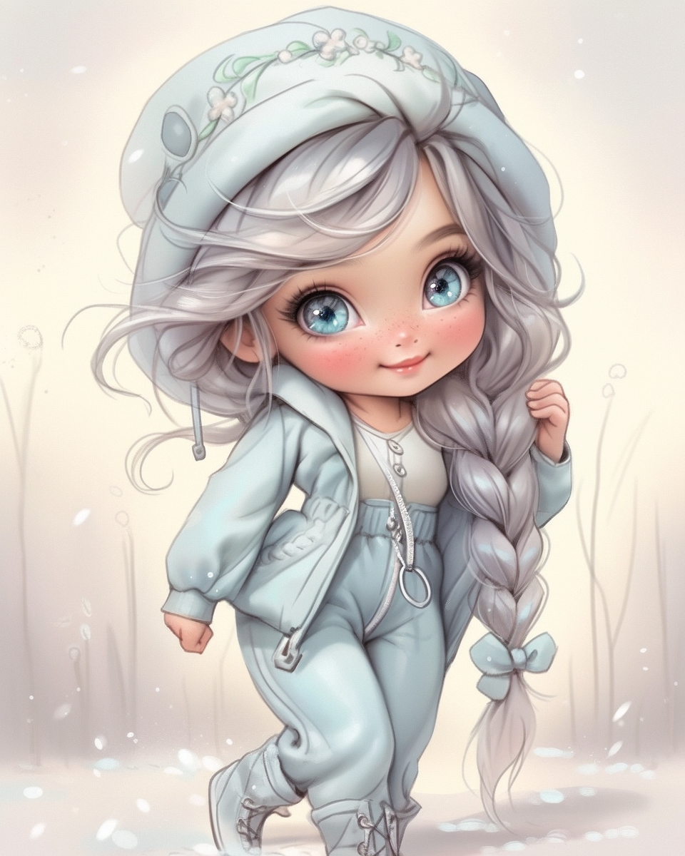 A little girl in stylish pastel blue attire.