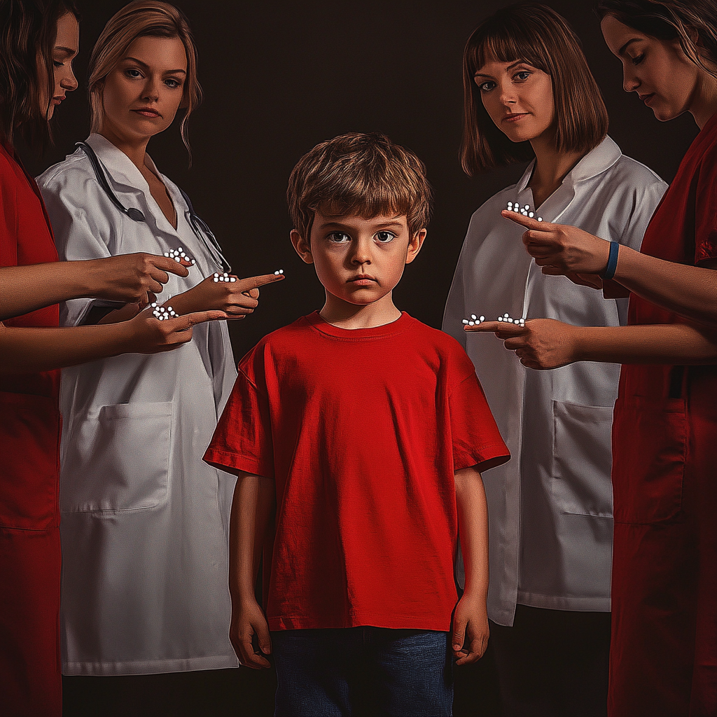 A little kid in red shirt with teachers and doctors