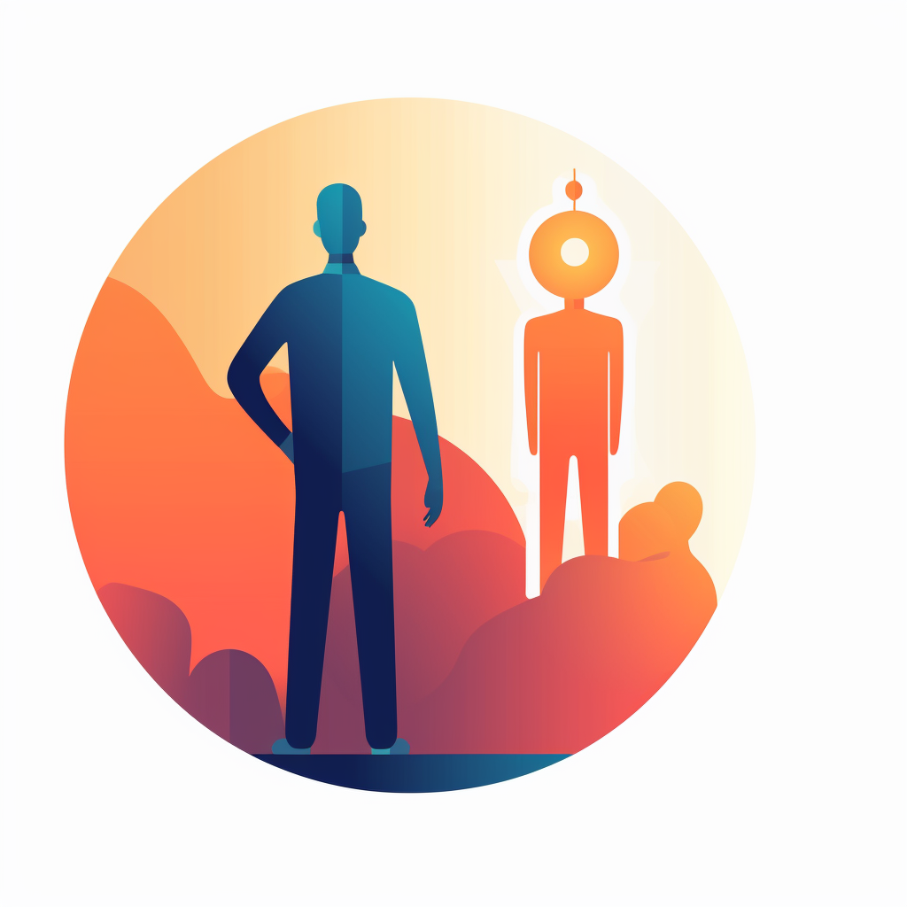 A logo of a robot and person looking ahead