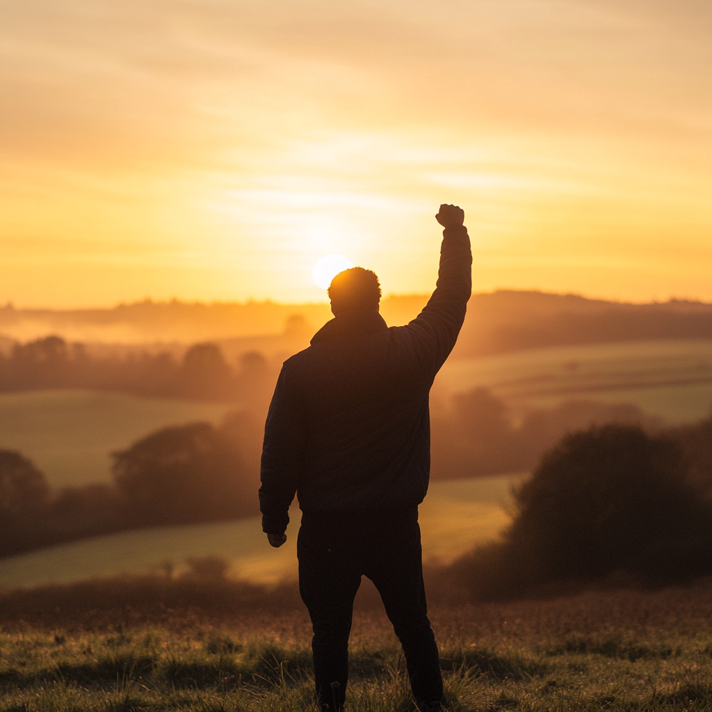 A lone figure in morning light, facing dawn.