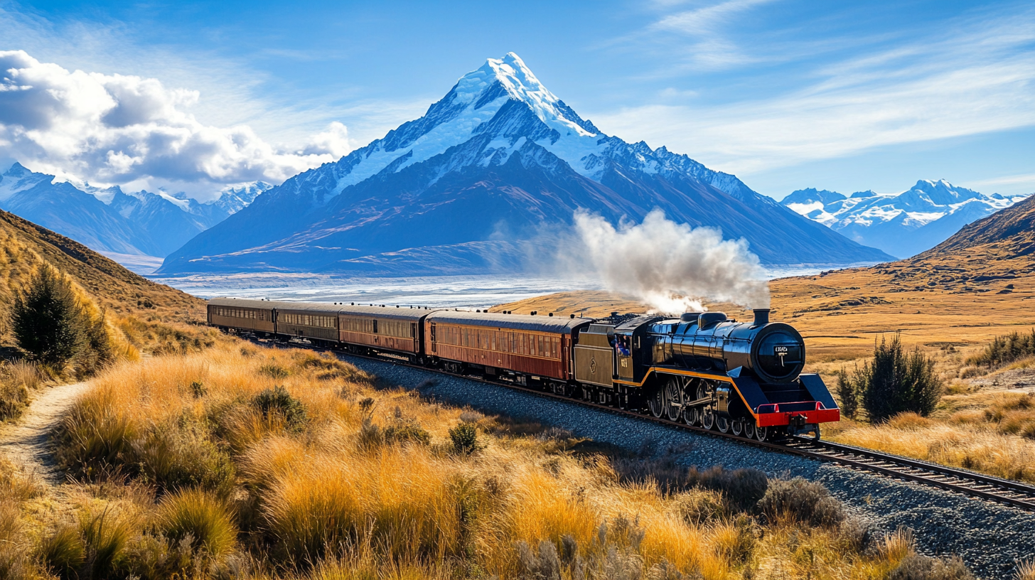 A long train travels through mountain landscape.