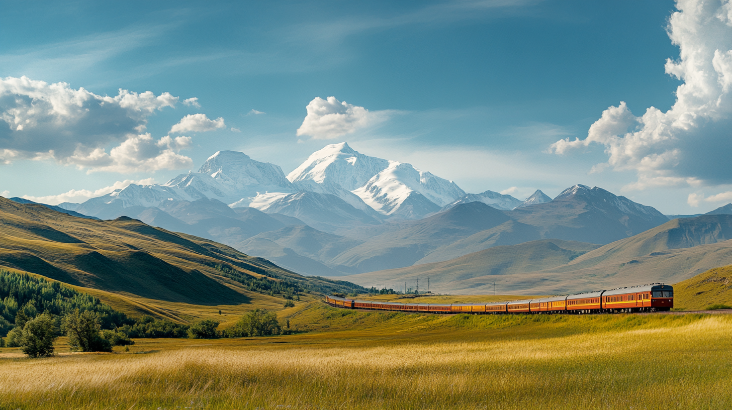 A long train travels through mountain with snowy peaks.