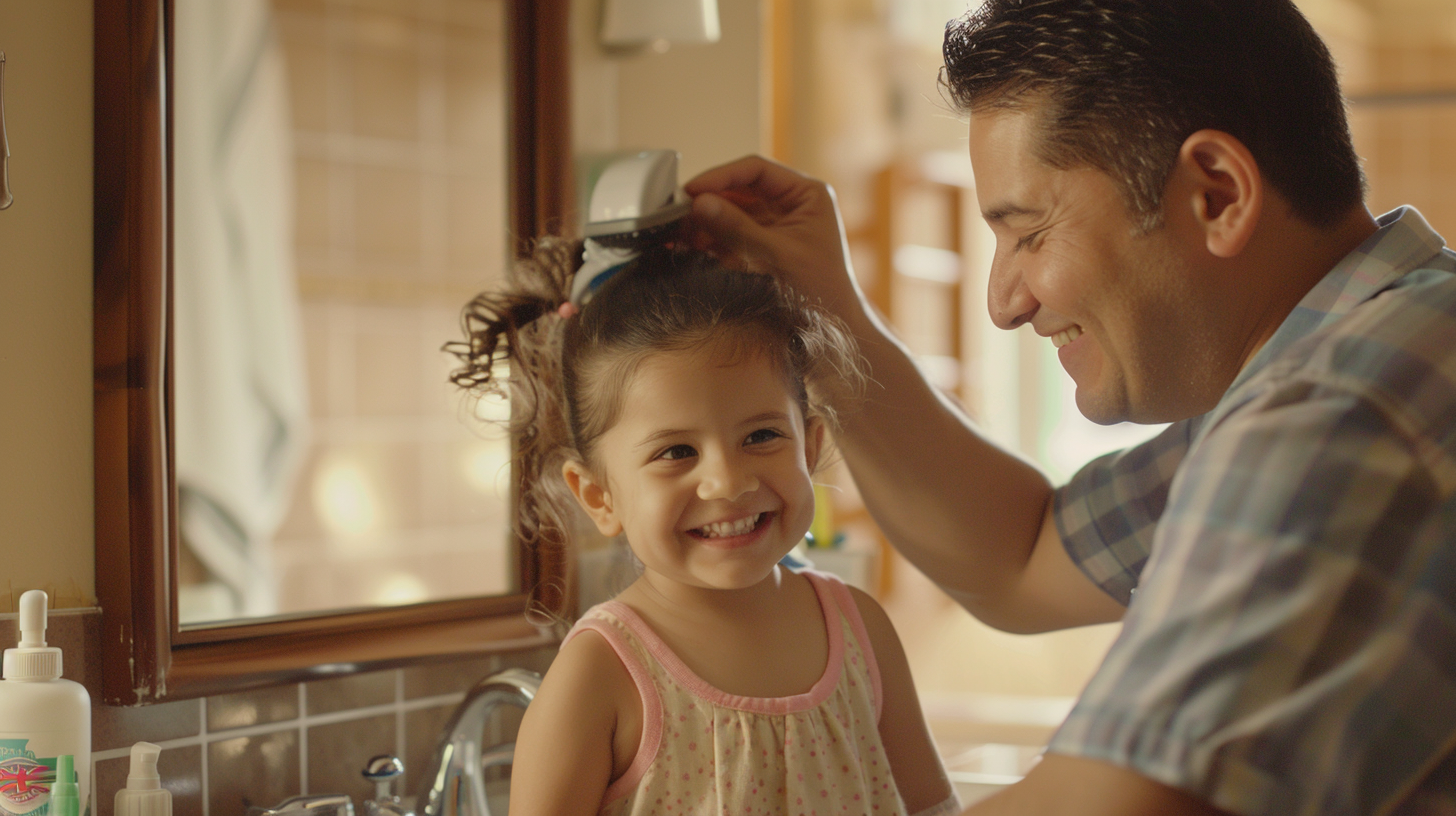 A loving dad styles daughter's hair, smiling