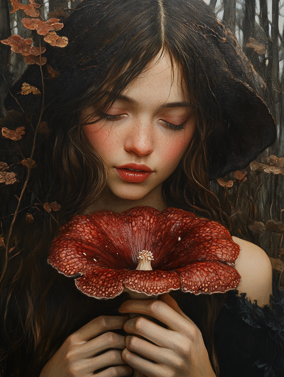 A loving witch with red mushroom in forest