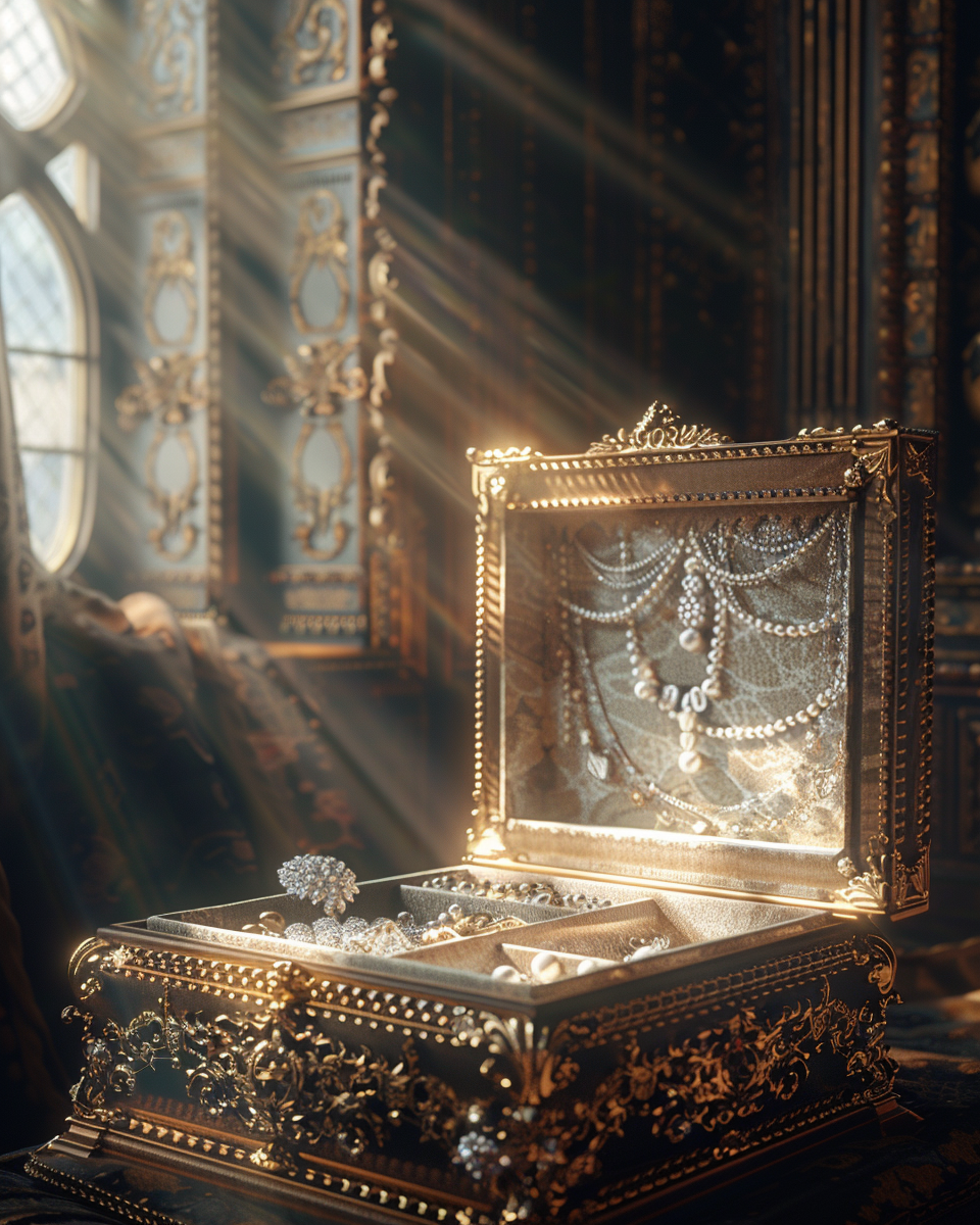 A luxurious antique royal jewelry box in opulent palace.