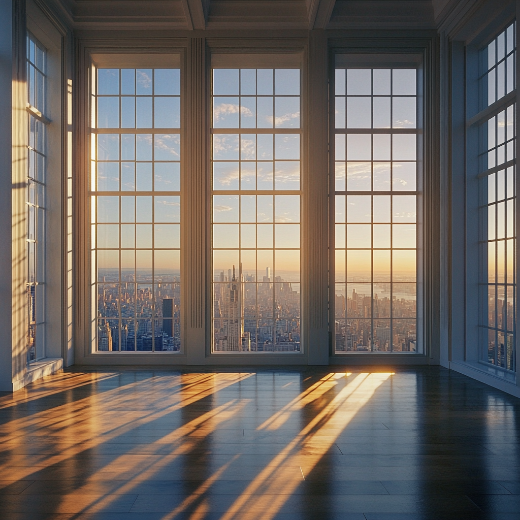 A luxurious room with big windows on top floor.