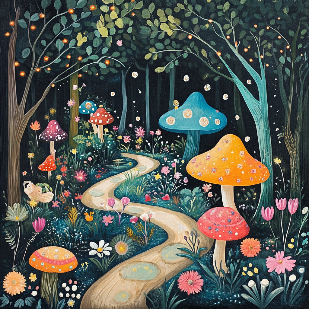 A magical forest with colorful mushrooms and animals