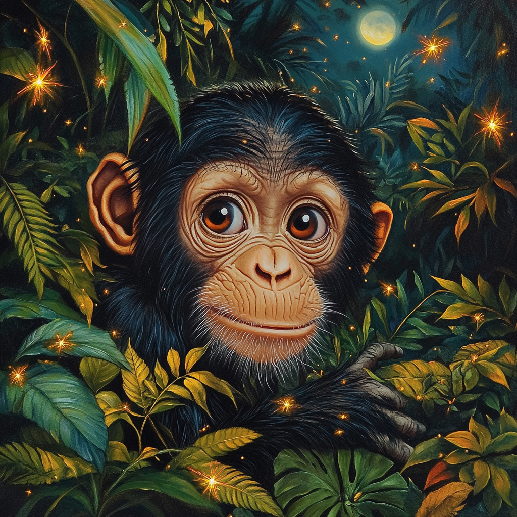 A magical jungle scene with baby chimpanzee