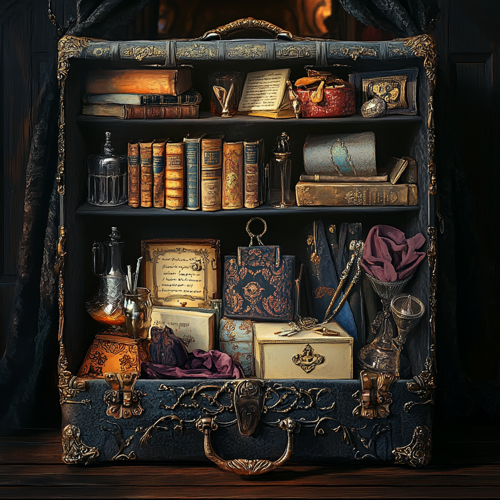 A magical suitcase with diverse items inside.