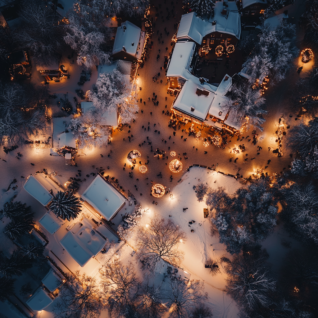 A magical winter town square at a festival.