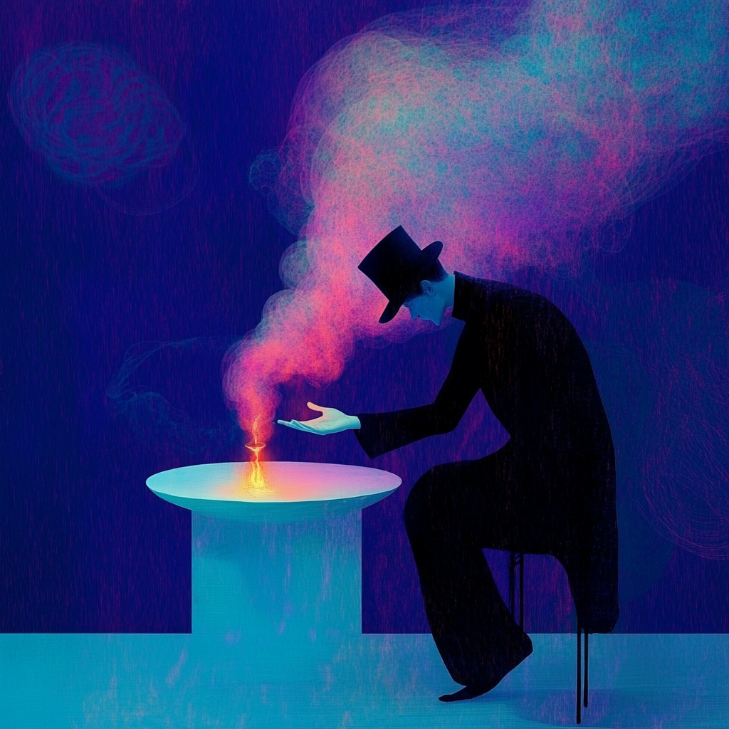 A magician creating a spirit with blue and purple.