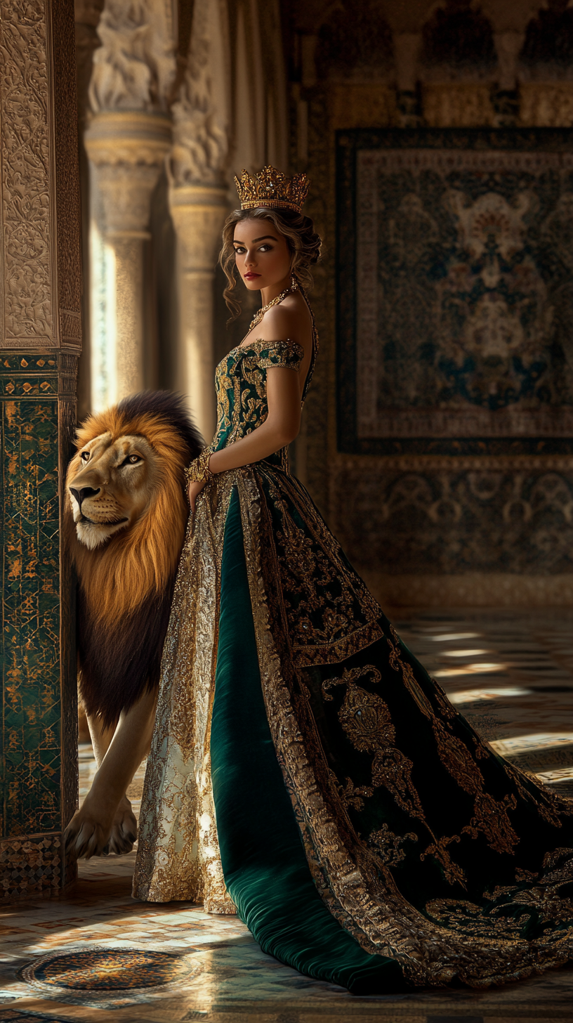 A majestic queen in dazzling green gown.