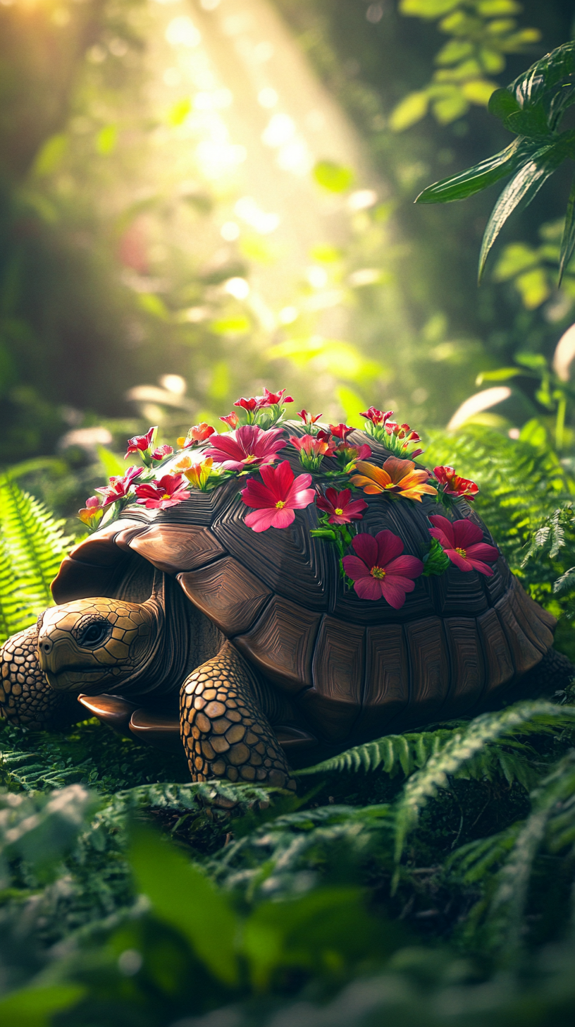 A majestic tortoise in a flower-filled forest