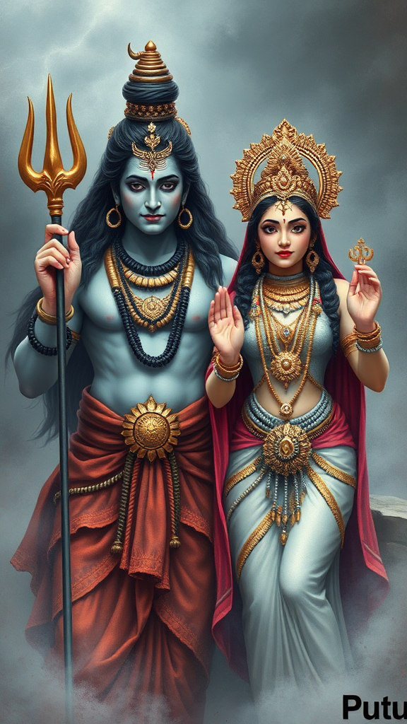 A majestically painted portrait of Lord Shiva and Mata Parvati.