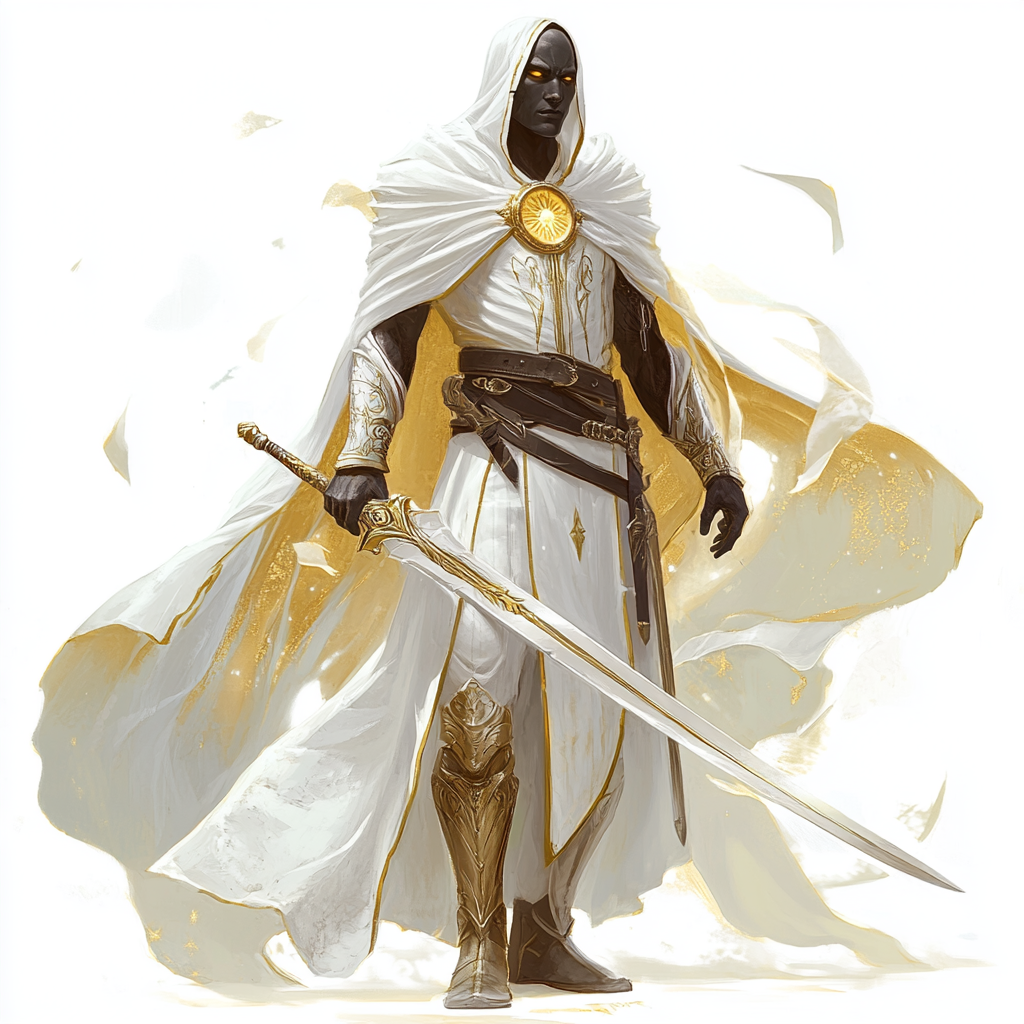 A male drow cleric of Pelor in robes