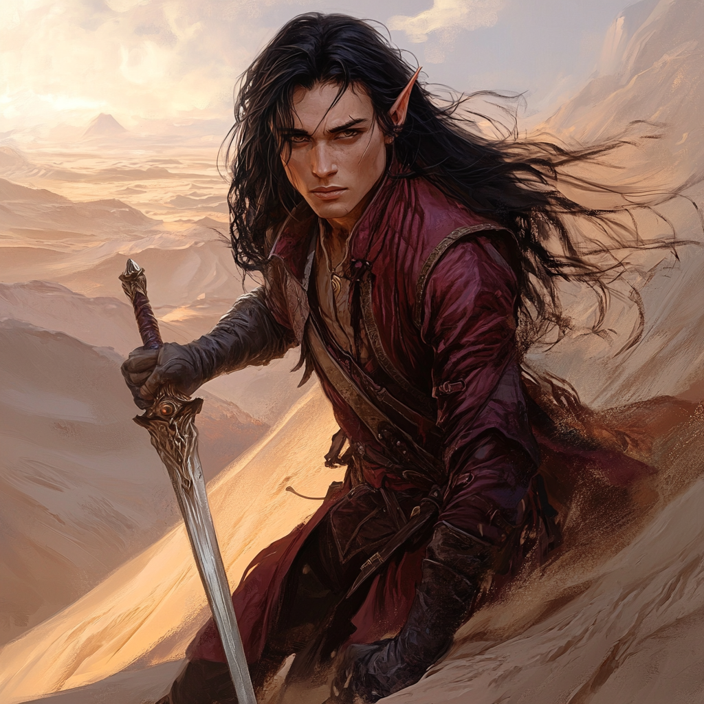 A male elf in desert, wielding sabre.