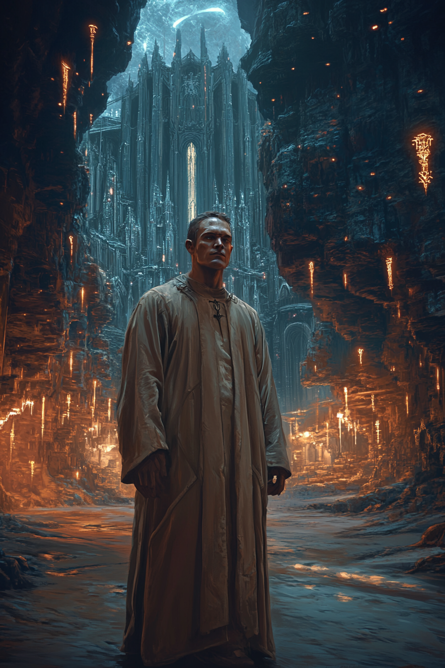 A male in grimdark robe in gothic cathedral.