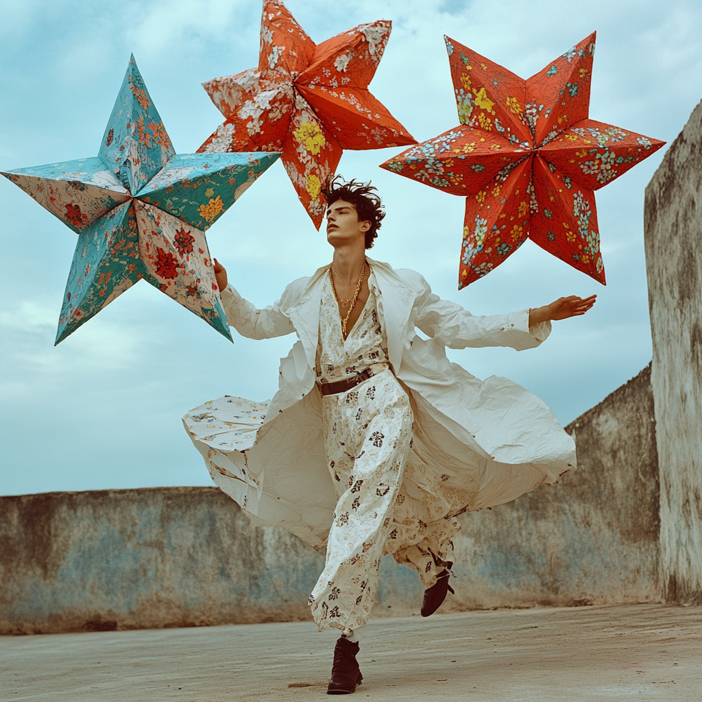 A male model dances under floating stars.