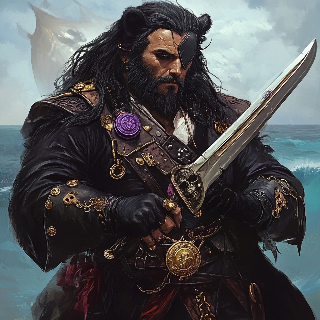 A male pirate with black beard and ringed fingers standing on cliff with sword.