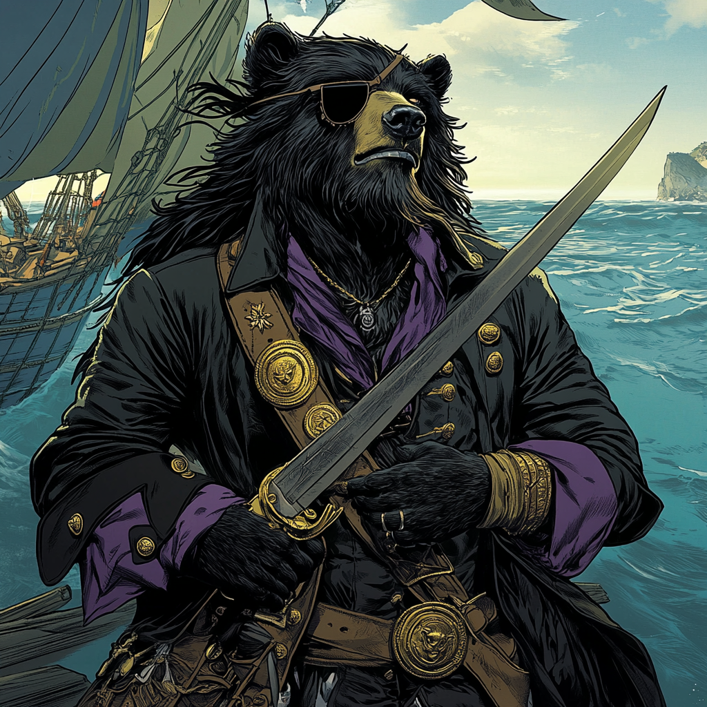 A male pirate with black hair, eye patch, sword, and jewelry, standing on a cliff by the sea.