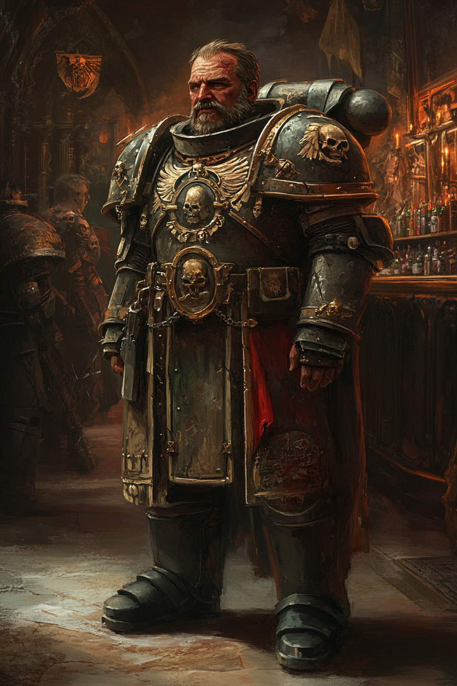 A male warhammer bureaucrat in a grimdark bar.