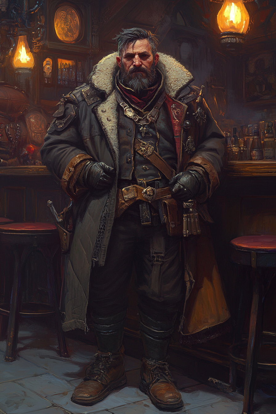 A male warhammer bureaucrat in grimdark street clothes.