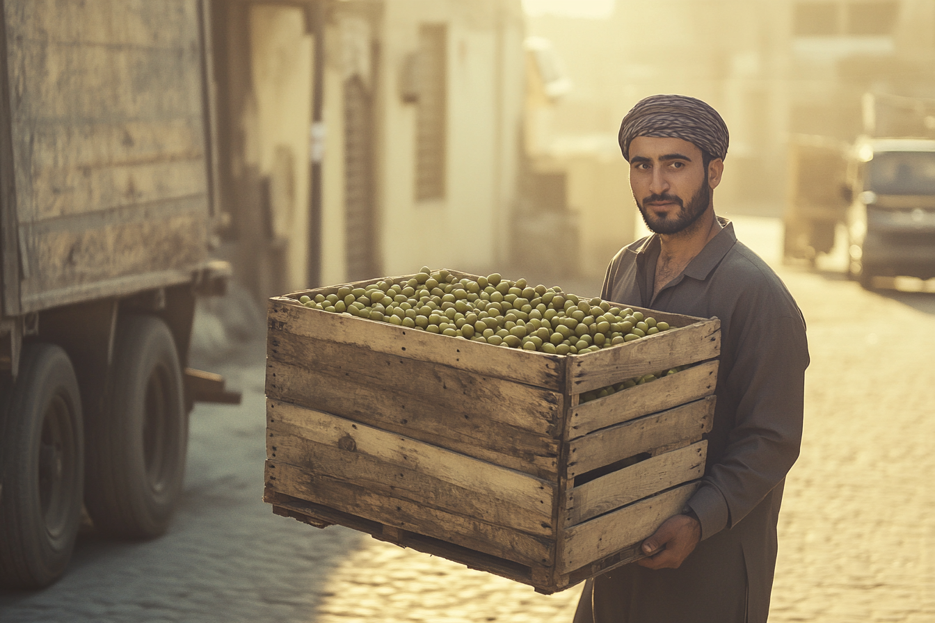 A male worker carrying olives in Iran.