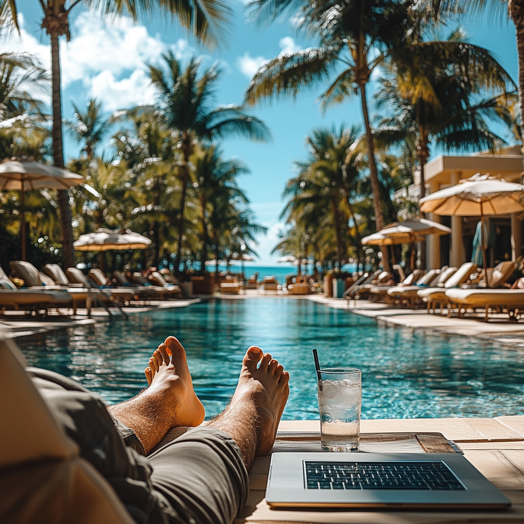 A man's feet on beach chair with laptop