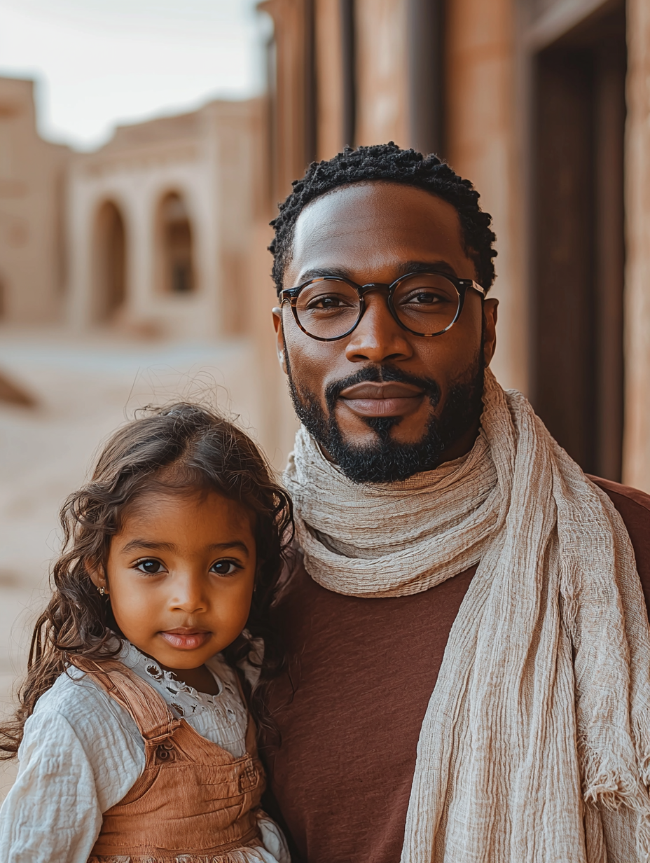 A man, his wife, and daughter in Dubai desert.