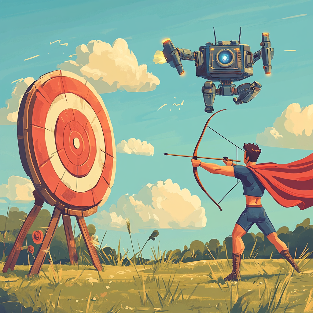 A man aiming bow while superhero robot flying.