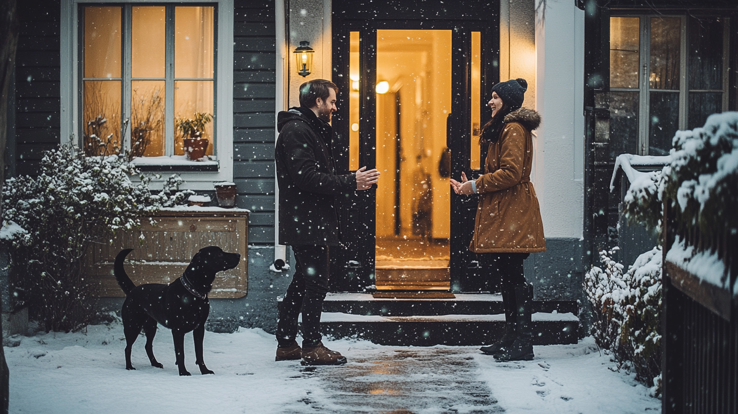 A man and his dog greet a woman.