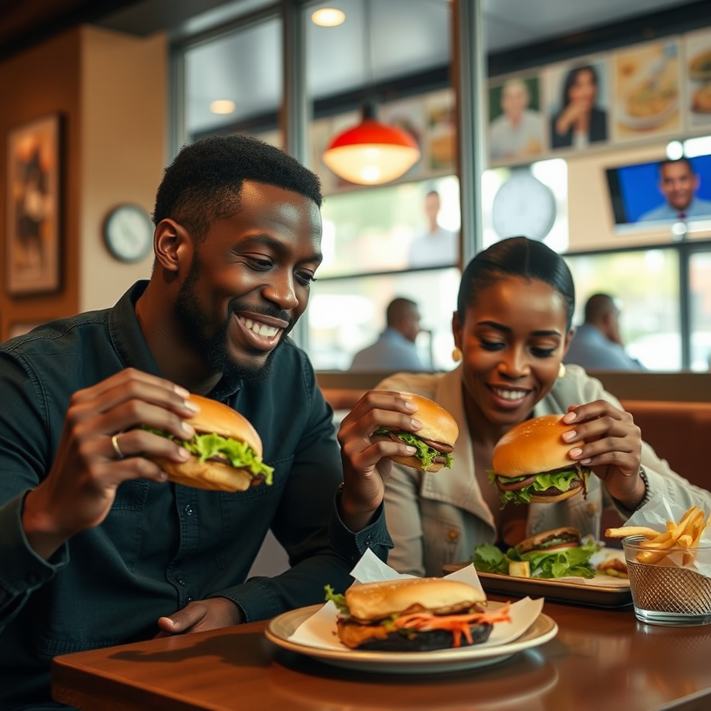 A man and woman eat burger in restaurant