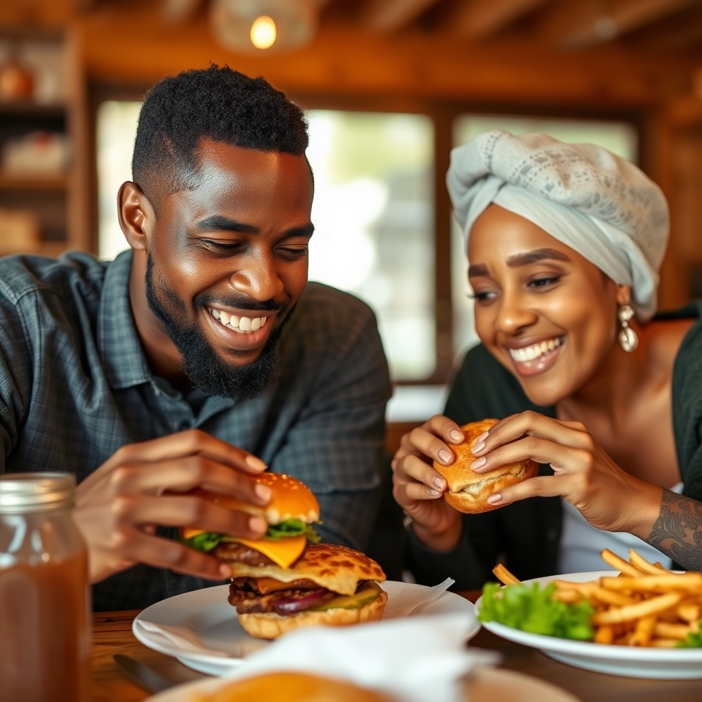 A man and woman eating burgers happily together.