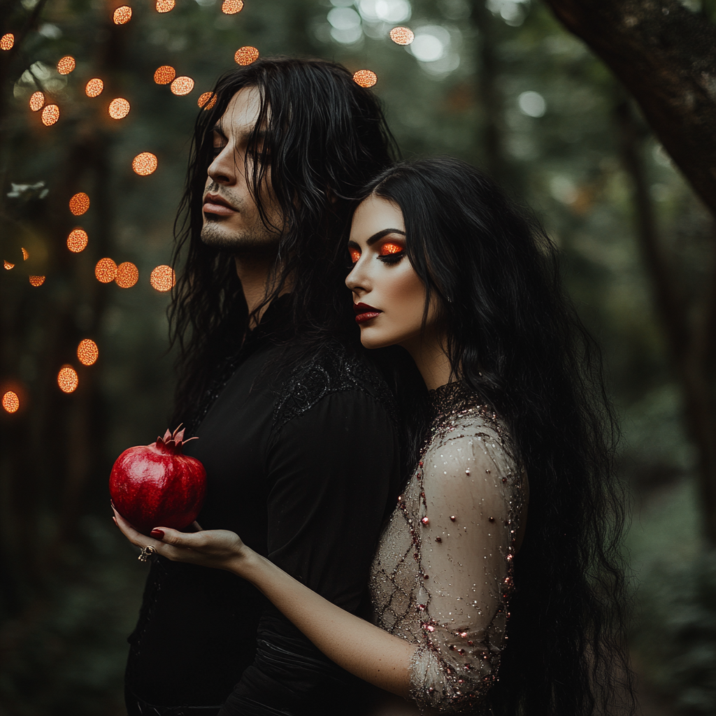 A man and woman in gothic and light clothing.