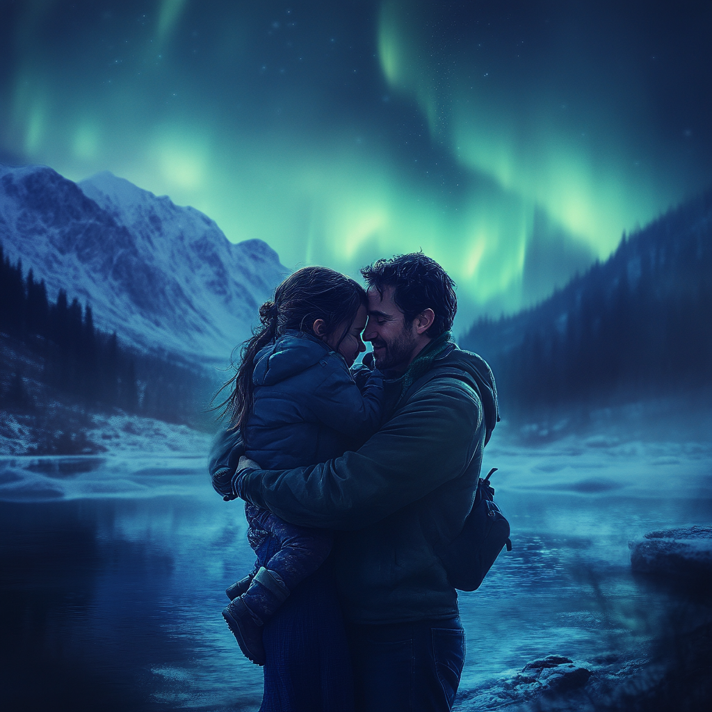 A man and woman watch northern lights happily.