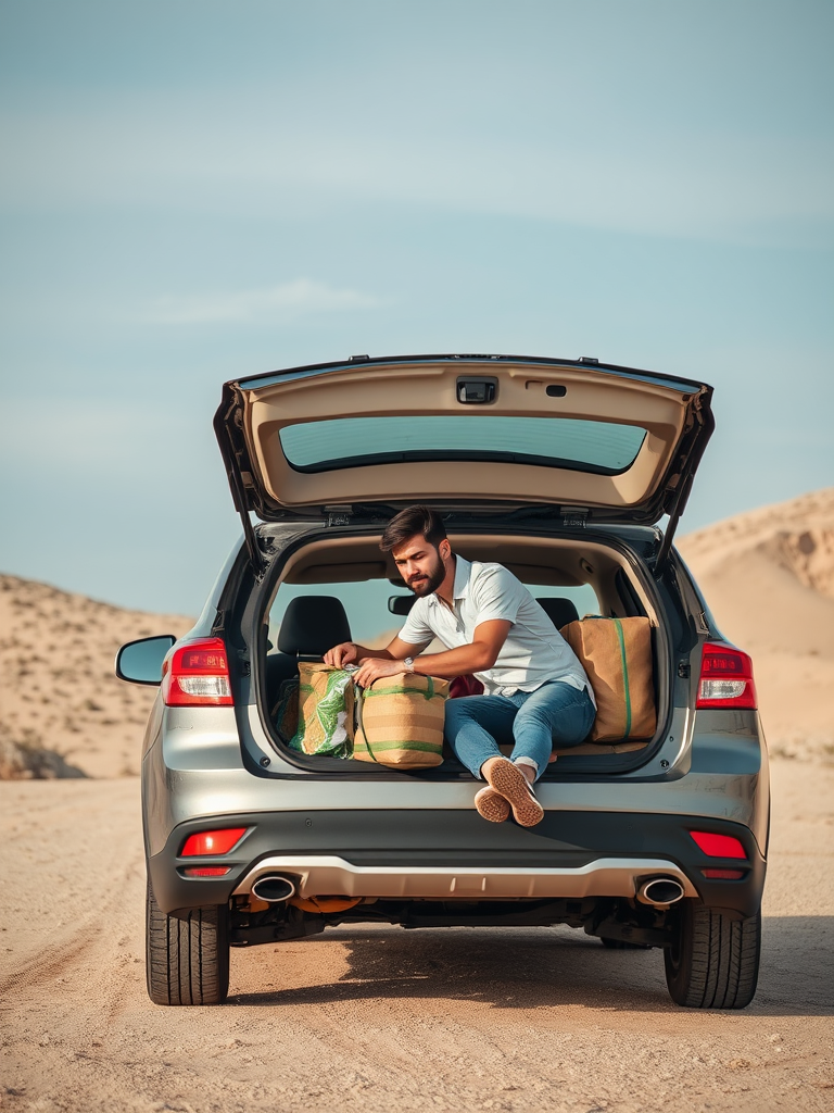 A man carefully packs car for vacation.