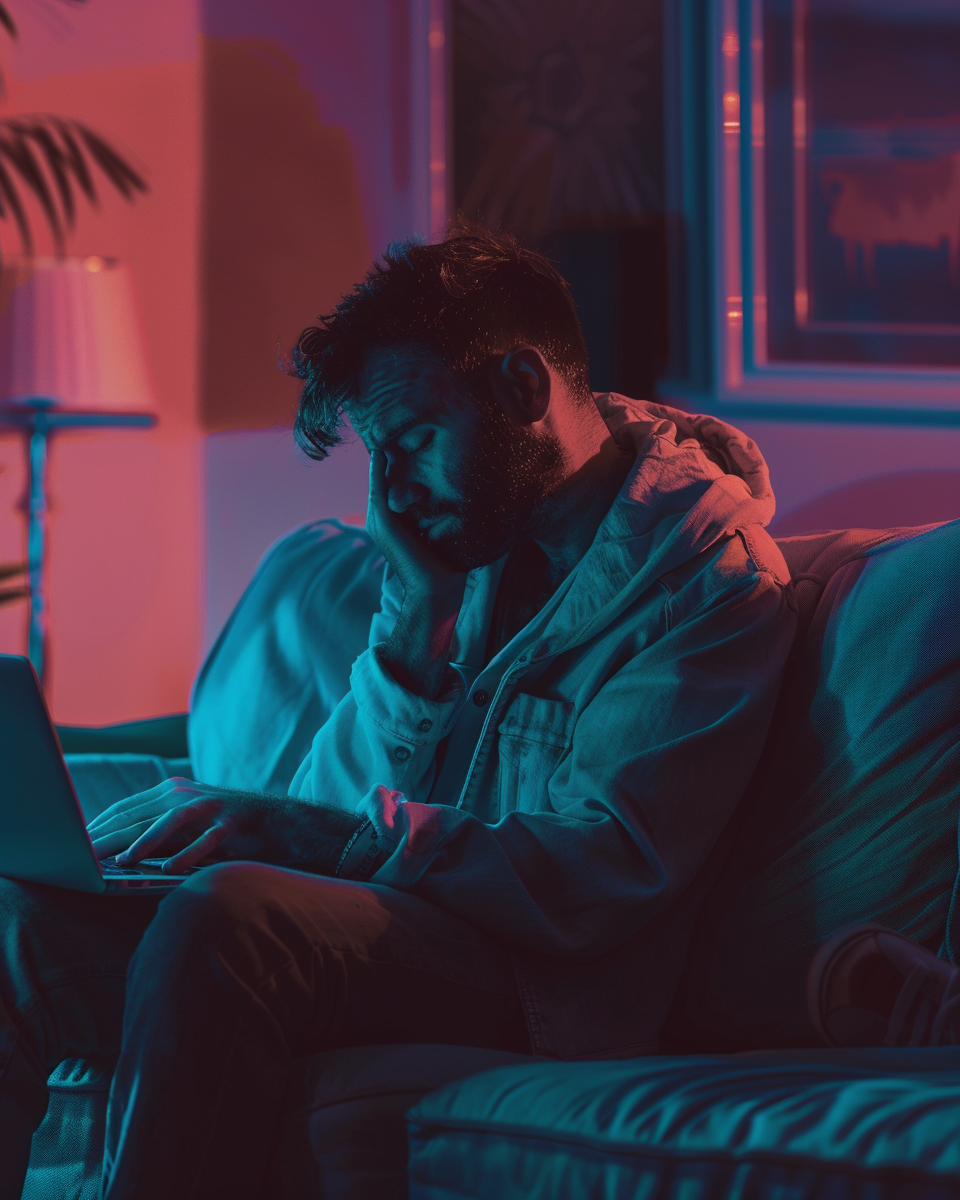 A man feeling sad on sofa with laptop.