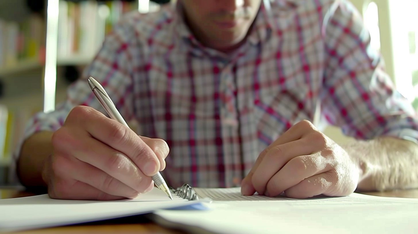 A man filling out papers under bright light