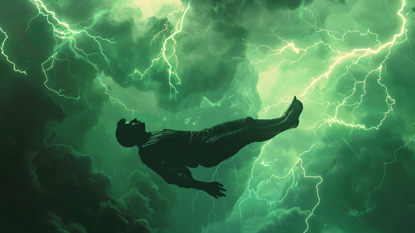 A man floats in sky amid stormy scenery.