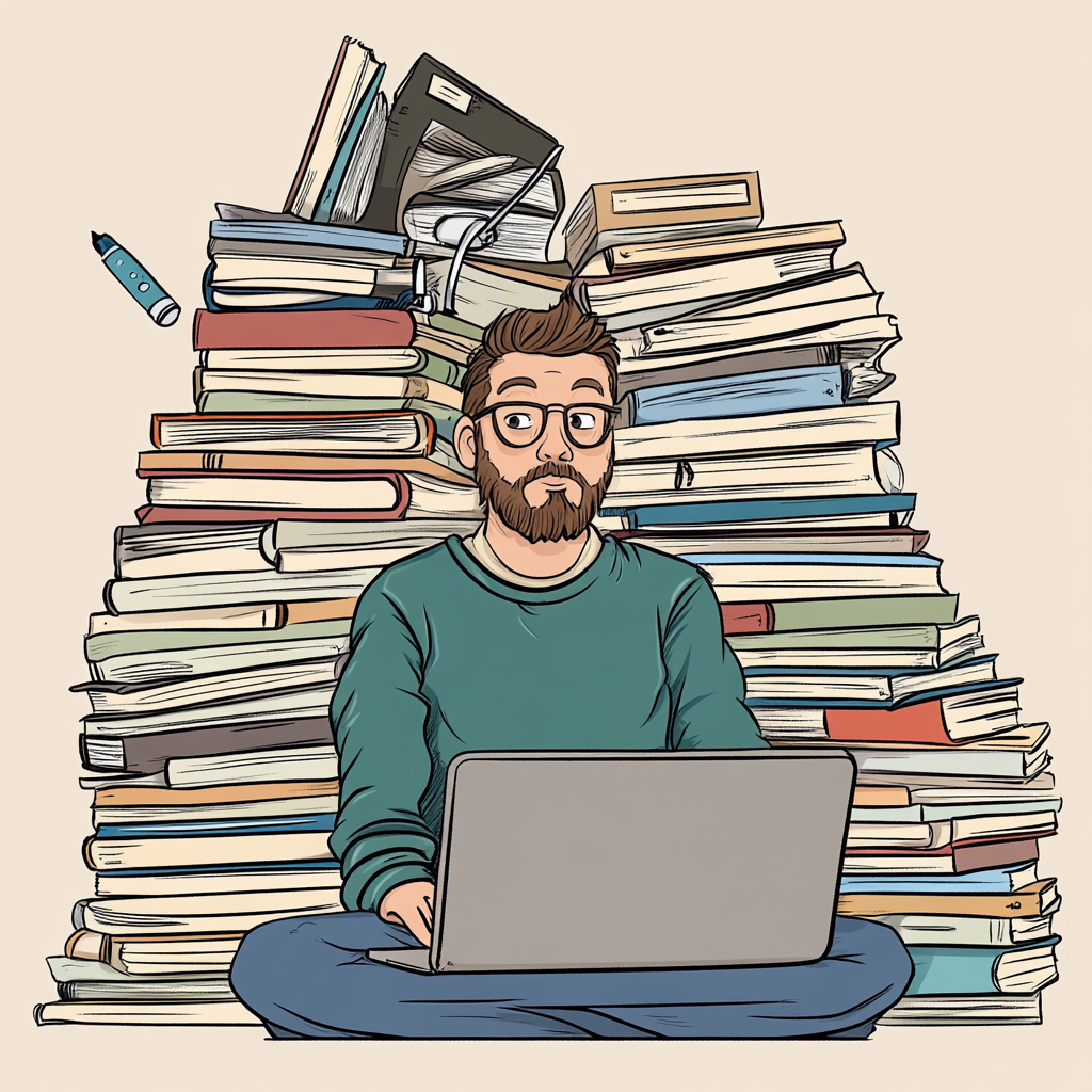 A man holds a programming language, by books.