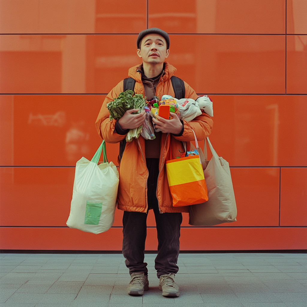 A man holds groceries, toys, phone under sunlight.