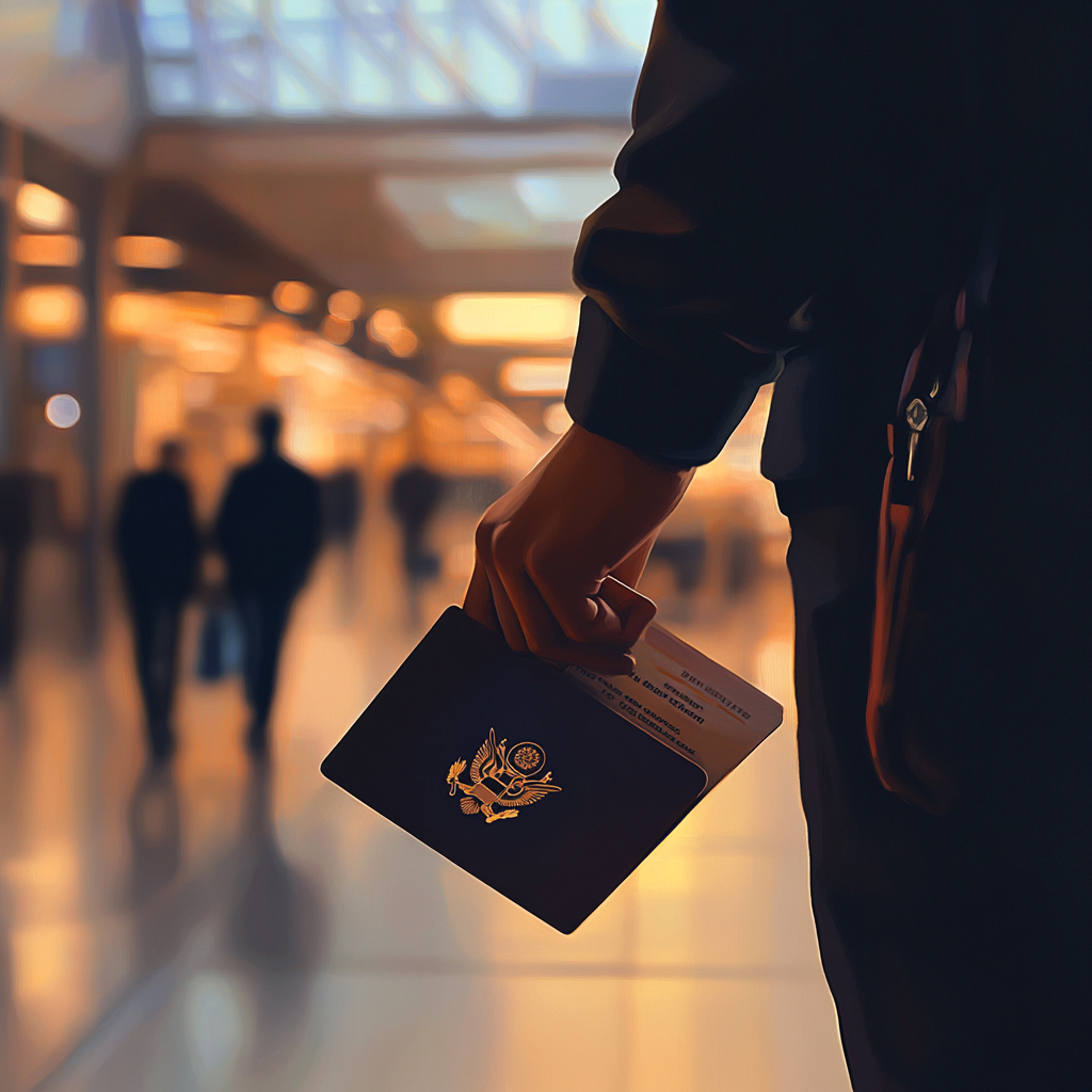 A man holds passport and boarding pass calmly