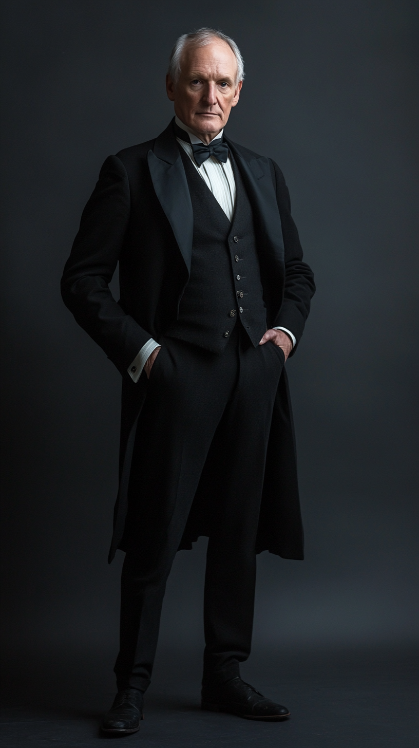 A man in 19th century suit on black floor.