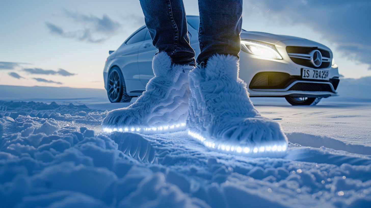 A man in Mercedes slippers on polar ice. Stock Image Prompt 2Moons